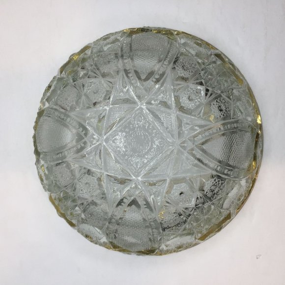 Vintage 1950s 8" Crystal Starburst Cut Glass Serving Bowl Gold Scalloped Rim - Picture 6 of 9